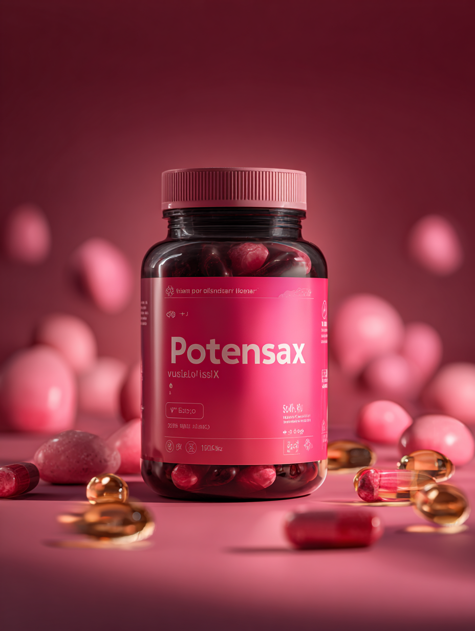 Cutie elegantă Potensax cu 30 de capsule naturale pentru potența masculină, ambalaj profesional pe fundal neutru, supliment de calitate premium pentru sănătatea bărbaților
